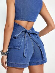 Jeanoix Women's Round Neck Backless Twist Denim Sleeveless Top - Blue - View 3