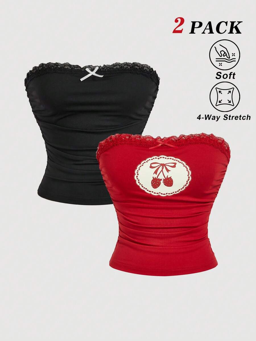 SHEIN MOD 2件装女士蕾丝边蝴蝶结装饰抹胸上衣，适合派对、休闲、乡村音乐会、夏季、情人节、外出、Y2K风格、度假等场合，图案T恤，红黑配色，完美适用于度假、约会、野餐、派对、舞会、节日和生日等场合，抹胸上衣 - 紅色和黑色 - 查看 1