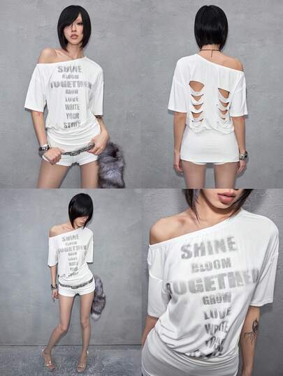 J-Fashion Maglietta da donna a maniche corte con scollo a spalla, con stampa di lettere e effetto Tintura a nodi sexy