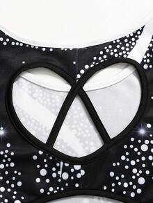 SHEIN 少女休闲运动优雅体操瑜伽高弹力扎染印花露背镂空连体紧身衣 - 黑色 - 查看 4