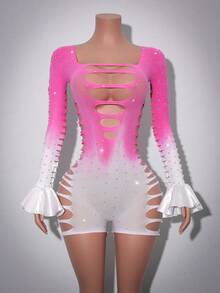 AltCore 情人节粉色Y2K水钻渐变透视高弹亮片镂空荷叶袖性感连体衣，适合派对、音乐节、酒吧、夜店等场合。 - 粉色 - 查看 4