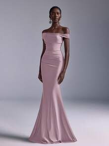 Elitara Elegant Ruched Off-Shoulder Mermaid Dress, Suitable For Weddings, Parties, Vacations, Prom, Bridesmaid (Adult) - Baby Pink - View 6