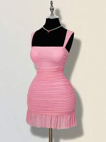 ICON Vestido mini ajustado de mujer de unicolor elegante con malla y drapeado - Rosa Pálido - Ver 5
