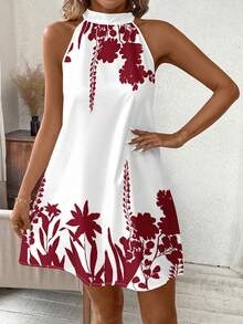 SHEIN Clasi Đầm cổ yếm in họa tiết cây cỏ dành cho nữ, thích hợp cho kỳ nghỉ. - Đỏ và trắng - Xem 3