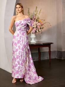 MOTF Soiréza WOMEN'S JACQUARD ONE SHOULDER PARTY PROM DRESS WITH SKIRT - Mauve Purple - View 5