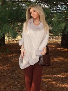 Sydney Algeri 高领毛绒边蝙蝠袖斗篷毛衣，长袖上衣 - 杏色 - 查看 1