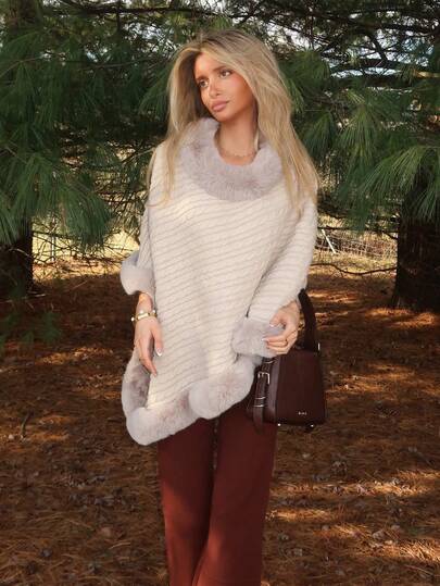 Sydney Algeri 高领毛绒边蝙蝠袖斗篷毛衣，长袖上衣