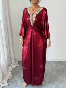 Elenzga Đầm nữ thanh lịch, thời trang, thoải mái, quyến rũ, cổ điển tối giản, cao cấp, lãng mạn, thích hợp cho kỳ nghỉ, tay dài, cổ chữ V, phối ren eo, dáng chữ A, đính kim tuyến, màu trơn. - Đỏ - Xem 4