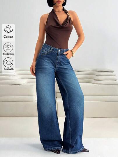 SHEIN Damen-Jeans mit Taschen, lockerem Schnitt, weitem Bein, lässig und vielseitig