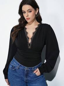 Maija Plus Size Women's Black Lace Solid Color Elastic Ruffle Sleeve Bodysuit, Romantic, Fashionable, Versatile; Comfortable, Elegant, Casual, Simple For Daily Wear, Essential, Holiday Leisure, Appropriate, Single Lady, Elegant Fashion Business Casual Outerwear Top - Burgundy - View 6