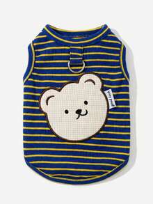 PETSIN Navy Blue & Yellow Cute Minimalistic Cartoon Crooked Bear Embroidered Striped Design Outdoor Leash Walking Pet Dog Vest, Spring/Summer - Multicolor - View 1