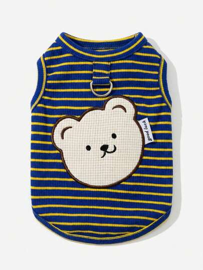 PETSIN Navy Blue & Yellow Cute Minimalistic Cartoon Crooked Bear Embroidered Striped Design Outdoor Leash Walking Pet Dog Vest, Spring/Summer