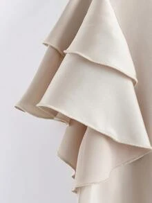 Modelyn Blusa elegante de manga corta con cuello redondo, volantes en el bajo y perlas falsas de unicolor para mujer - Albaricoque - Ver 5