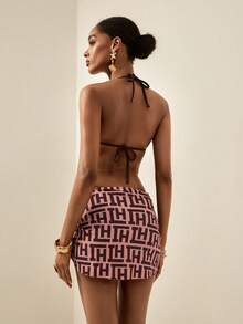 Écloséra 3pcs Women's Summer Beach Fashion Full Print Letter Halter Neck Tie Top, Regular Triangle Bottoms, And Irregular D-Ring Accent Mini Skirt Bikini Set - Multicolor - View 2