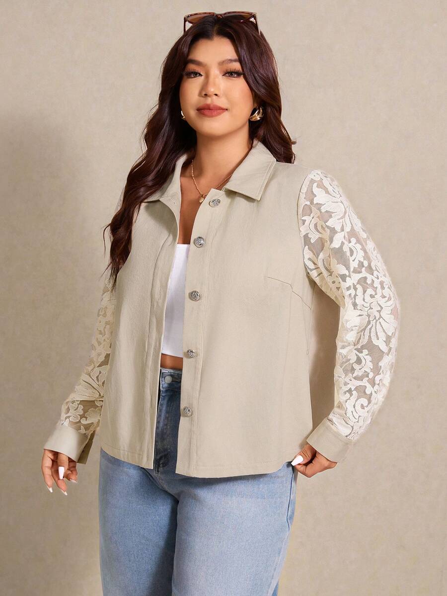 Elaquor 大码女式翻领单排扣网纱拼接休闲百搭日常长袖外套 - 杏色 - 查看 1