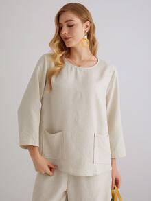 Parysyn 大码梭织女式休闲棉麻两件套 - 杏色 - 查看 5