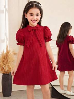 SHEIN 少女红色泡泡袖可爱大蝴蝶结A字连衣裙，优雅时尚，百搭实用，适合派对、郊游、姐妹合照、公园、露营、度假、日常休闲穿着。