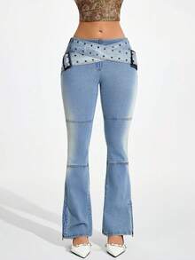 Jeanoix Women's Casual Washed Flare Jeans With Belt - Blue - View 4