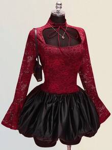 SHEIN ICON 女士加大码复古性感优雅千禧风 Y2K 情人节：高领系带镂空喇叭长袖酒红色蕾丝修身上衣 - 酒紅色 - 查看 5