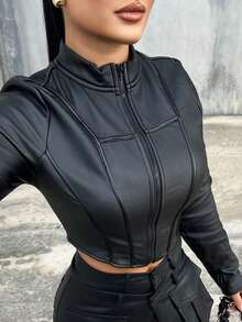 Dayanna Comas Áo khoác da PU ngắn thời trang, màu trơn, khóa kéo, ôm vừa vặn, đơn giản cho mùa thu/đông - màu đen - Xem 3
