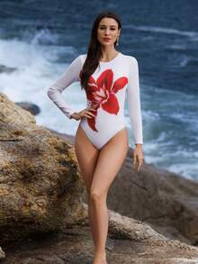 Swim Shayni Áo tắm nữ liền thân tay ngắn in họa tiết và váy bơi hoa văn 3D kiểu dáng thường ngày, lý tưởng cho kỳ nghỉ hè ở bãi biển. - Đỏ và trắng - Xem 4