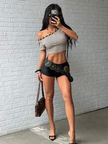 Jeanoix Women's Striped Button Design Oblique Shoulder Short Sleeve Cropped Fashionable T-Shirt - Multicolor - View 6