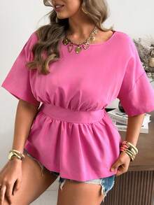 Ceyna Blusa de mujer talla grande de unicolor con cuello redondo, cintura ceñida y mangas cortas de hombros caídos - Rosa - Ver 6