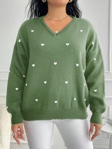 EURMUSE 女士纯色 V 领心形图案大码毛衣，休闲优雅，适合冬季日常穿着 - 綠色 - 查看 3