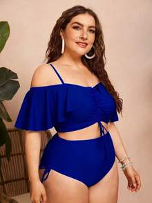 Swim Chiccia Women's Solid Color Spaghetti Strap Off-Shoulder 2-Piece Bikini Set With Ruffles And Drawstring - Elegant And Stylish For Vacation - Royal Blue - View 4