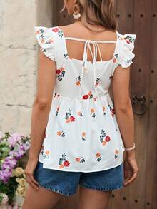 SHEIN Printed Casual Square Neck Ruffle Sleeve Tie Front Button Maternity Top - White - View 2