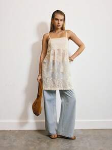 Aralina Women's Casual Elegant Thin Strap Sheer Lace Long Top Party Dresses Perfect For Going Out Outfits Christmas New Years And Thanksgiving Outfits - Apricot - View 1