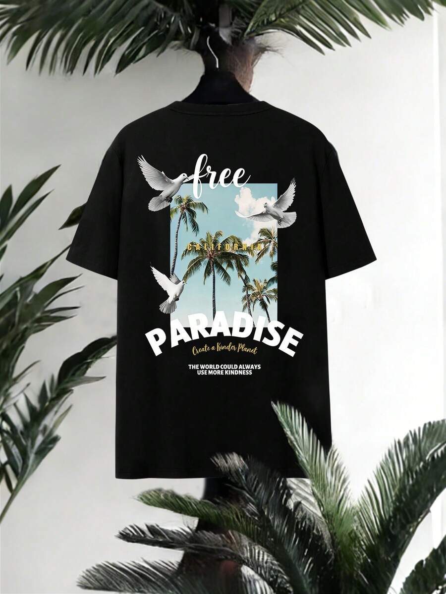 Manfinity RSRT 男士休闲度假椰树及标语印花宽松短袖黑色T恤，夏季 - 黑色 - 查看 1