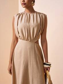 Zivah 2026 Vacation Casual Unique Ruched Asymmetrical Hem Elegant Beige Dress - Khaki - View 6