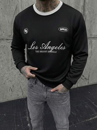 GENTILAND Sweat-shirt col rond à manches longues avec imprimé lettres et bordure contrastée pour hommes