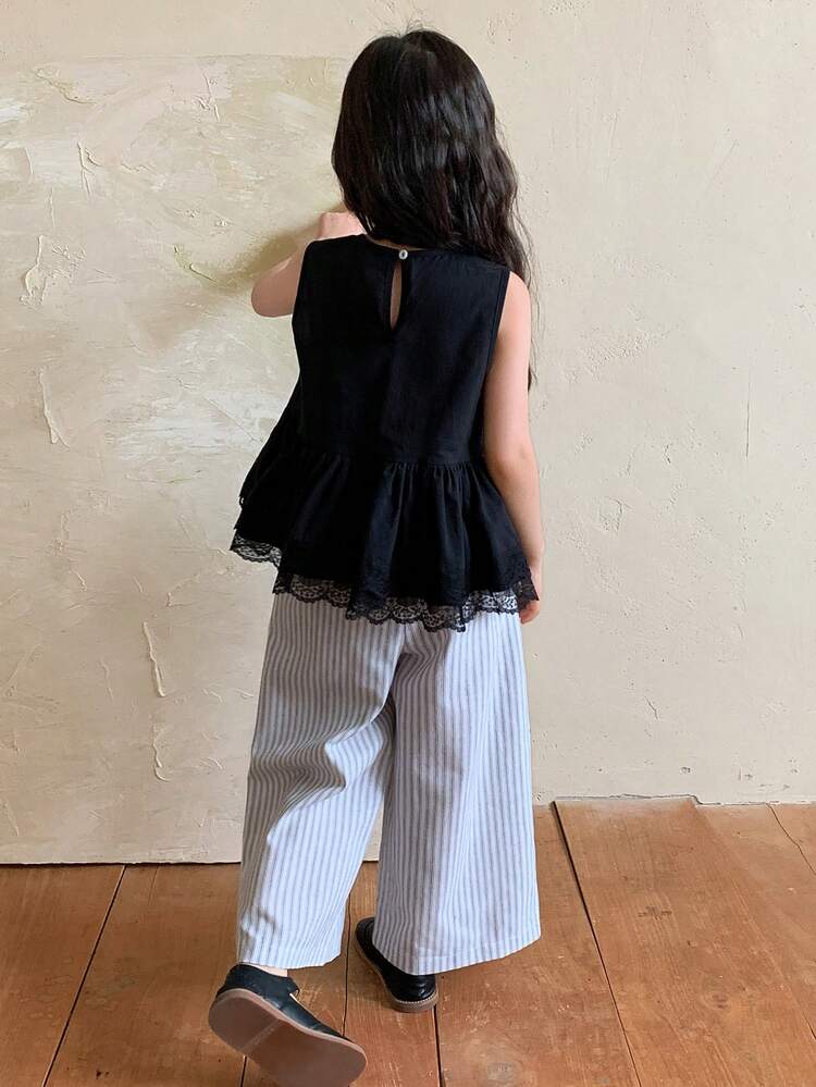 2pcs/Set Young Girls Round Neck Lace Patchwork Sleeveless Korean Style Shirt And Loose Casual Wide Leg Pants Set