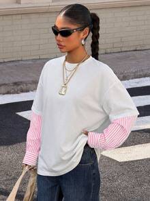 Muchica Women's New 2 In 1 Round Neck Loose Long Sleeve T-Shirt, Spring/Summer - Pink - View 3