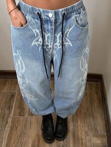 StreetHx Women's Gothic Pattern Drawstring Waist Pockets Wide Leg Loose Casual Jeans - Light Wash - View 5