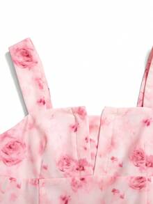 SHEIN Tween Girl Casual Vacation Elegant Fitted Waist Flared Floral Print Dress, Pink Pink Floral Dress Pink Flowerance Dress For Teens Girl Tea Party Dress Garden Party Dress - Pink - View 5