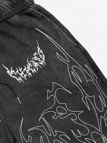 ROMWE MEN Street Life Men's Contrast Color Drawstring Waist Graphic Print Shorts - Black - View 3