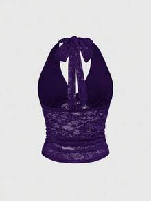 ROMWE Spring/SummercasualGothic Cross Decor Lace Halter Neck Top For Women - Purple - View 2