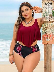 Swim Lushoire Plus Size Tankini Bikini Set Cerise Pink,Summer,Boho,Vacation,Holiday High Waisted Two Pieces Swimwear Printed Red Contrast Black Beachwear - Burgundy - View 1