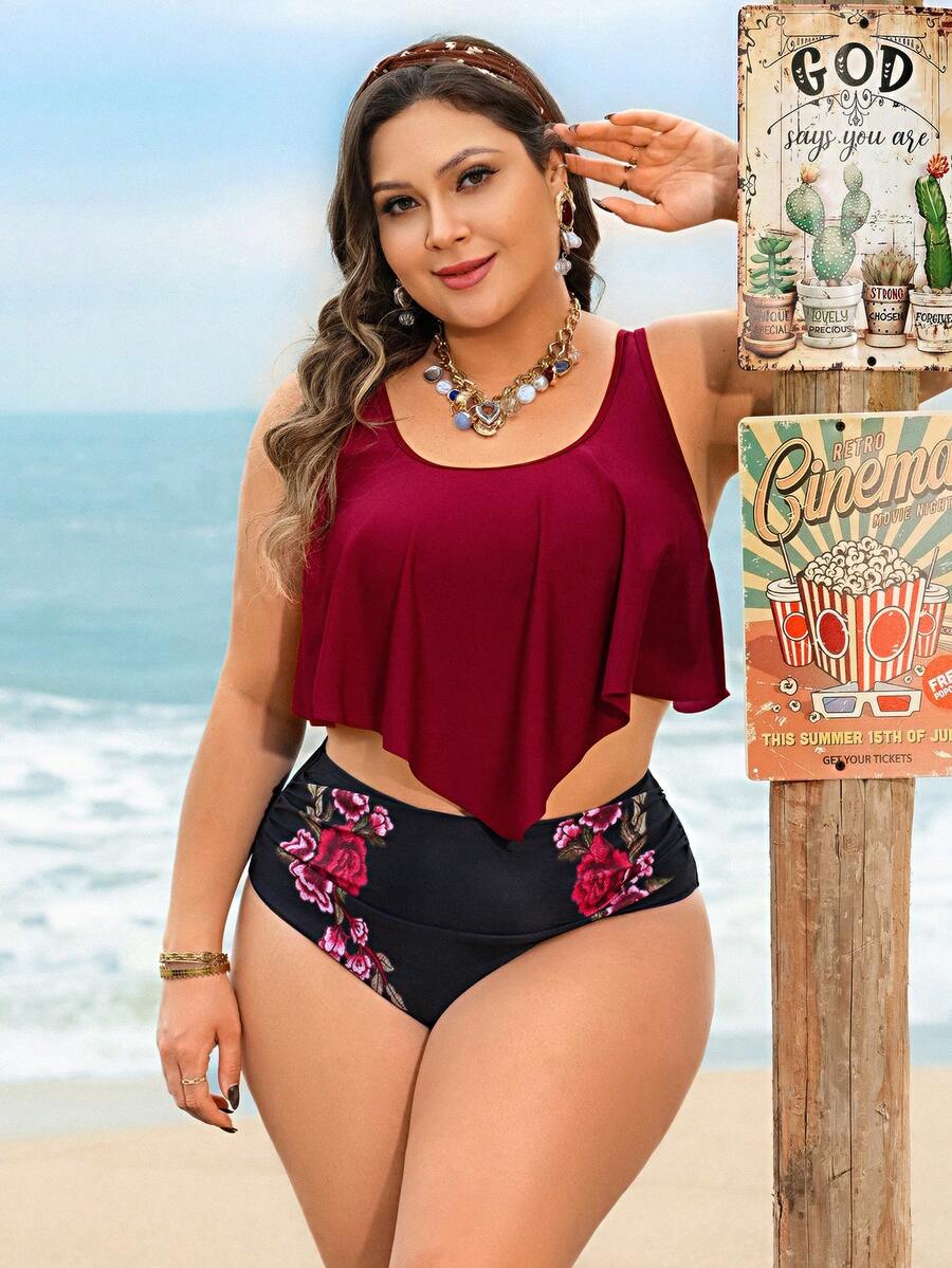 Swim Lushoire Plus Size Tankini Bikini Set Cerise Pink,Summer,Boho,Vacation,Holiday High Waisted Two Pieces Swimwear Printed Red Contrast Black Beachwear - Burgundy - View 1