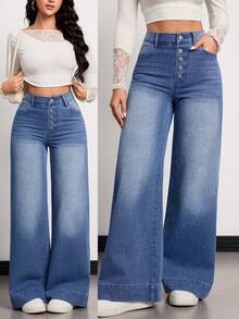 SHEIN Tall TALL Summer And Spring Women's Casual Going Out Washed High Waist Wide Leg Jeans - Medium Wash - View 1