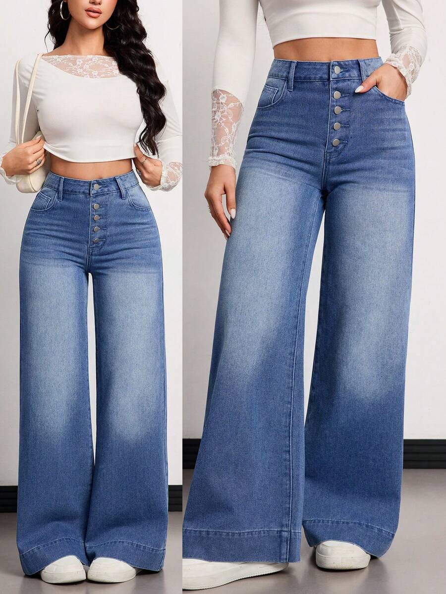 SHEIN Tall TALL Summer And Spring Women's Casual Going Out Washed High Waist Wide Leg Jeans - Medium Wash - View 1
