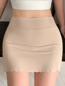 DAZY Young Girl Solid Color Elastic Waist Curved Hem Leggings Skirt - Khaki - View 6