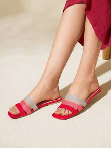 CUCCOO BASICS Woman Shoes Square Toe Flat Colorblock Knit Detail Slide Sandals For Summer Vacation Shoes Summer Back To School Shoes College Student Shoes Spring Shoes Spring Break Easter Valentine's Day - Multicolor 1 - View 7