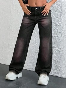 EURMUSE 低腰复古水洗直筒牛仔裤 - 黑色 - 查看 7