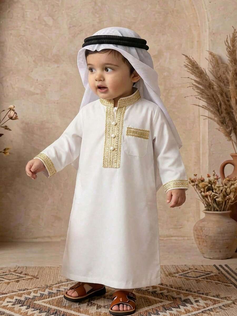 SHEIN 男婴幼儿金色丝带饰边长袖立领长袍上衣,适合生日派对、晚宴、演出、婚礼、迎婴派对、洗礼和一周岁生日庆祝、节日等场合。 - 白色 - 查看 1