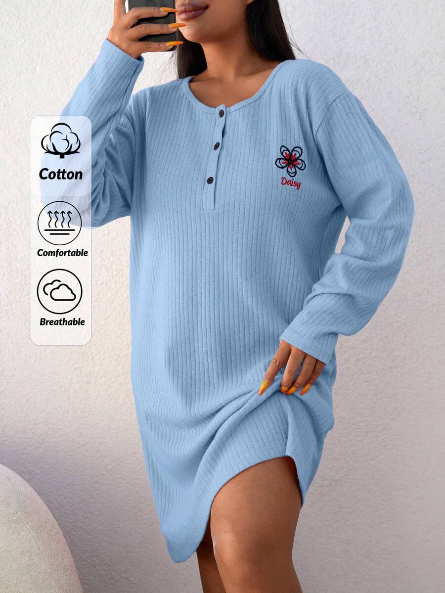 EURMUSE 100%Cotton Plus Letter Embroidery Half Button Nightdress - Baby Blue - View 1
