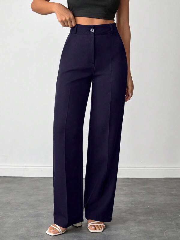 EURMUSE Plus Size Women Solid Color High Waist Straight Leg Pants For Everday Wear